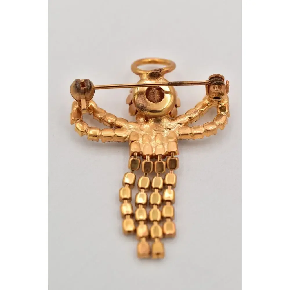 Vintage Crystal Angel Pin Brooch Prong Rhinestone Halo Gold Tone Fringe BinAL